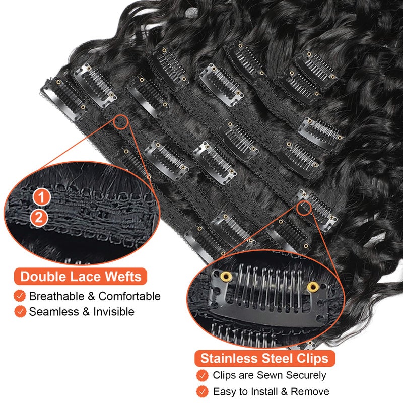 Doren Deep Curly Clip in Human Hair Extensions for Women 8Pcs 20Clips 120g Brazilian Remy Hair Water Wave Clip Ins Natural Black 18 Inches - Image 4
